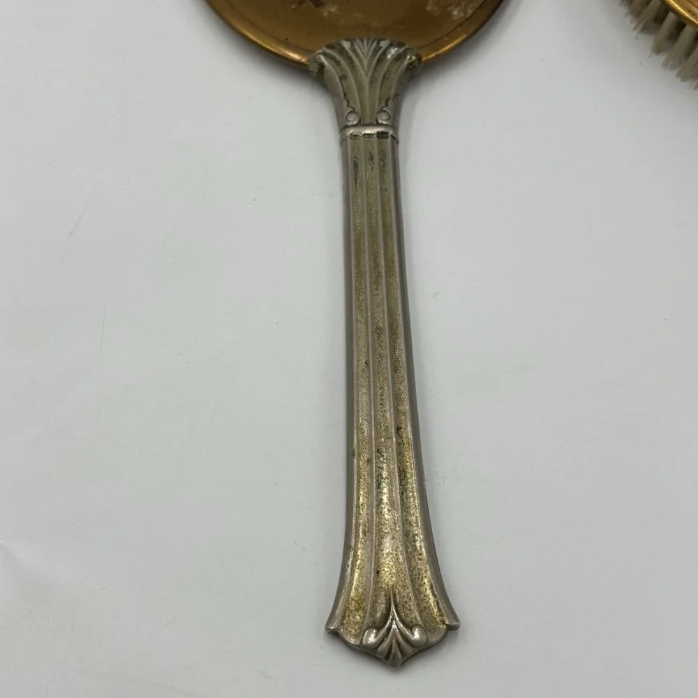 Vintage Victorian Style Vanity Hand Mirror And Brush Set Silver and Gold Tone‎
